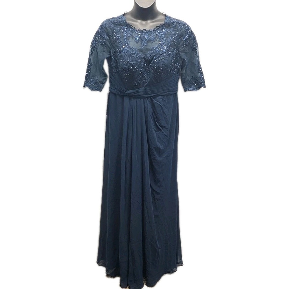 NWT Azazie Danae Formal Maxi Dress Navy Blue Lace Sequin Chiffon Wedding sz A16